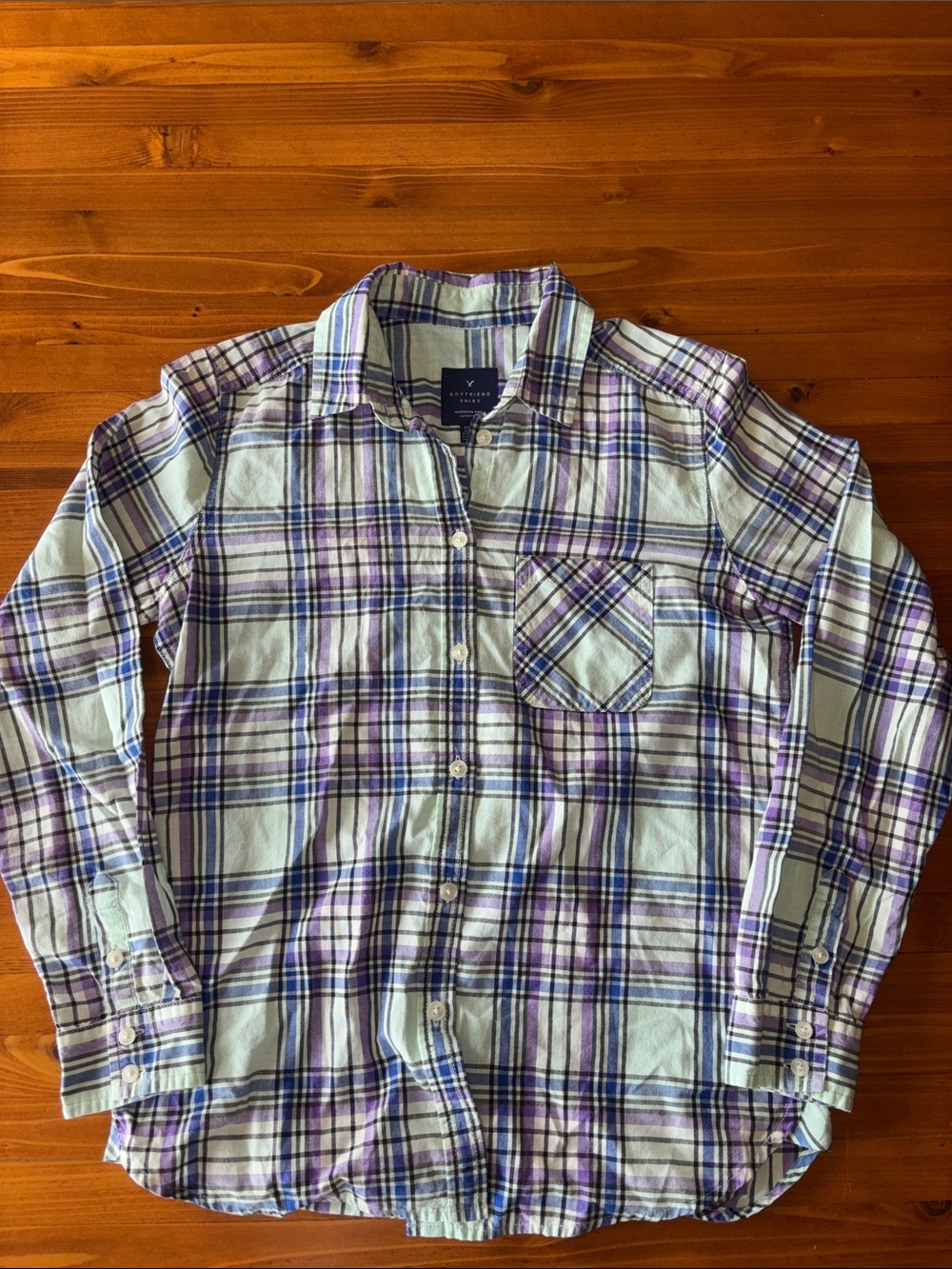 American Eagle Outfitters Purple, Blue and Mint Green Plaid Button-Down Shirt